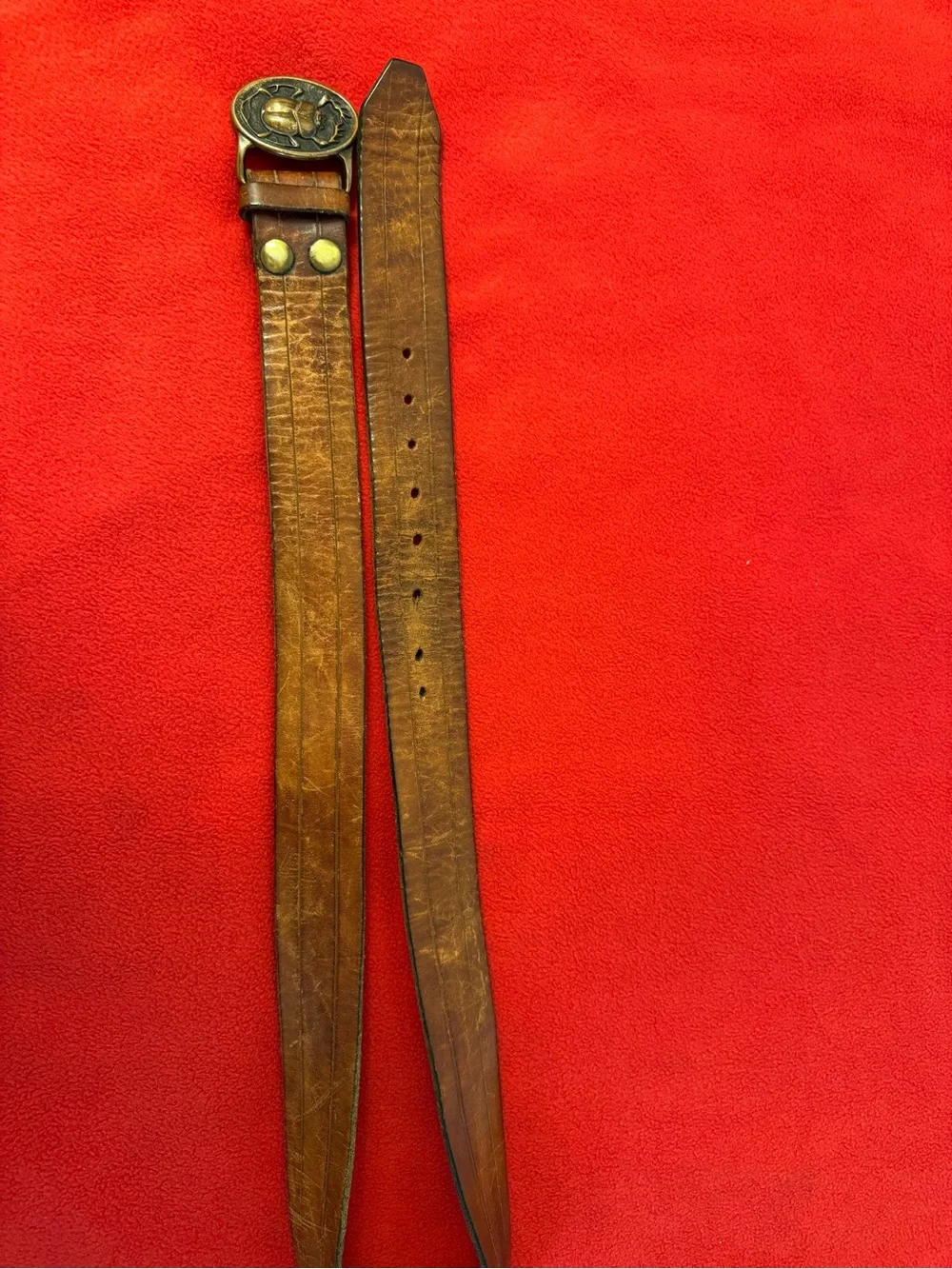 Vintage 75 Tech Ether Guild solid brass Scarab beetle Brown Leather belt